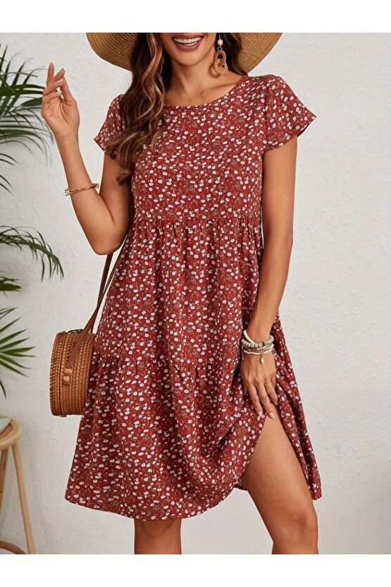 Gökyüzü Moda Kadın Kısa Kollu Bisiklet Yaka çiçek Desenli Süprem Elbise