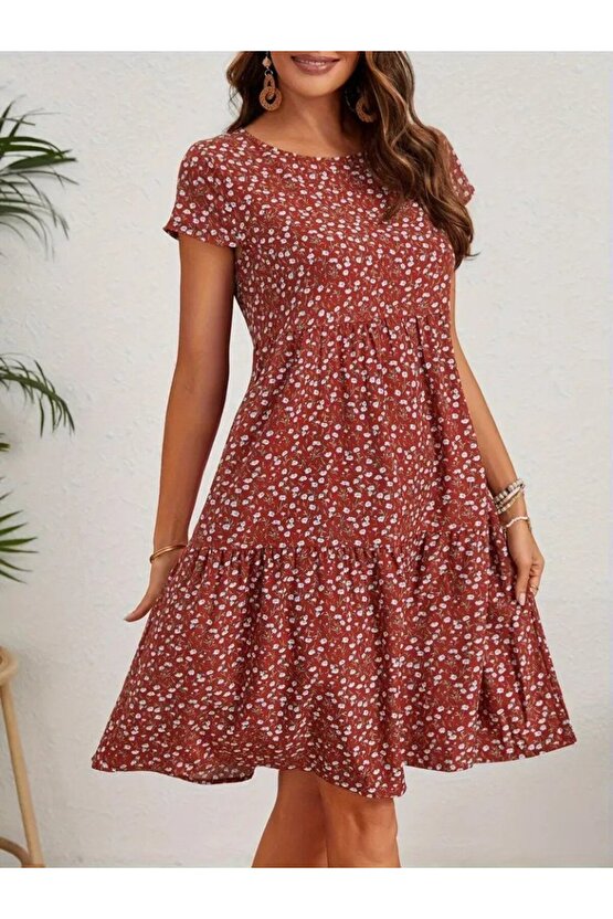 Gökyüzü Moda Kadın Kısa Kollu Bisiklet Yaka çiçek Desenli Süprem Elbise