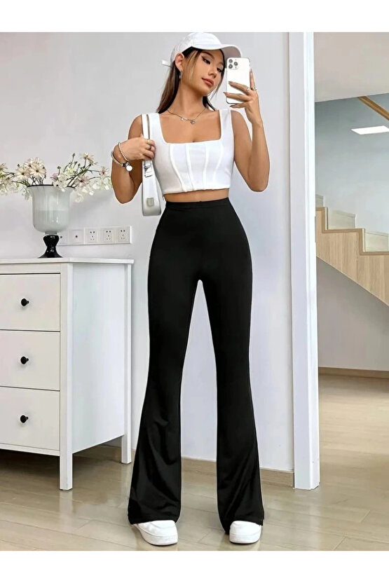 MDB Kadın Yüksek Bel Paçaya Doğru Genişleyen Yandan Yırtmaçlı Dalgıç Pantolon