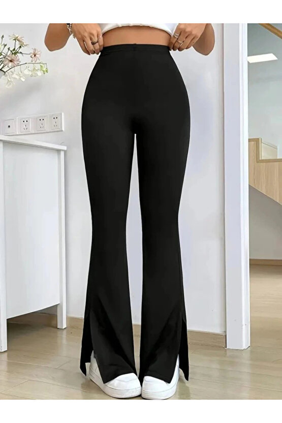 MDB Kadın Yüksek Bel Paçaya Doğru Genişleyen Yandan Yırtmaçlı Dalgıç Pantolon