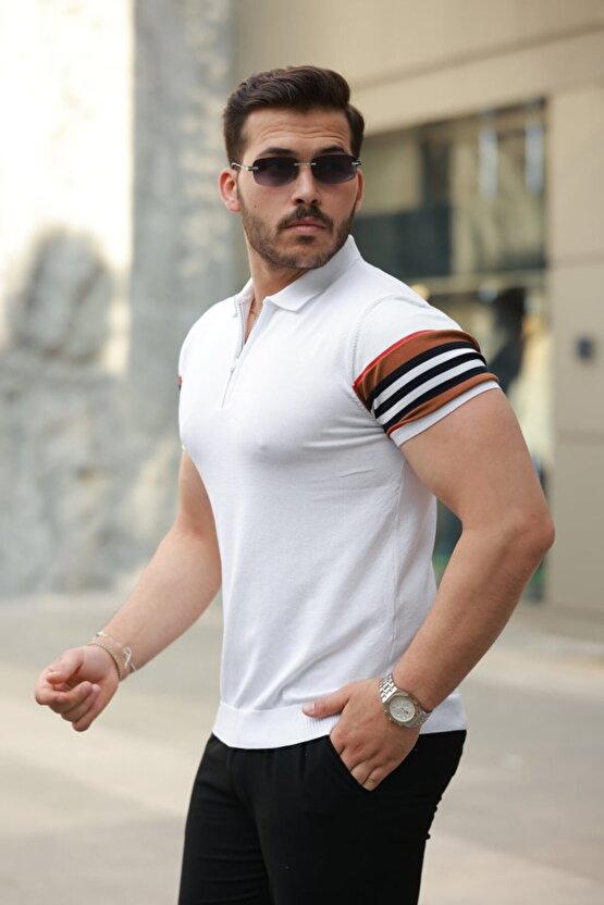 Gökyüzü Moda Erkek Fermuar Yakalı Kolları Desenli Kısa Kollu Tişört