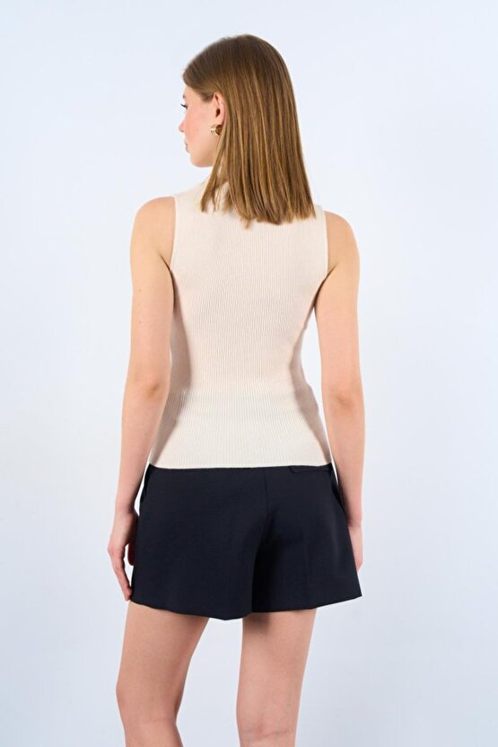 Patlı Düğmeli Triko Atlet - Beyaz Kayısı