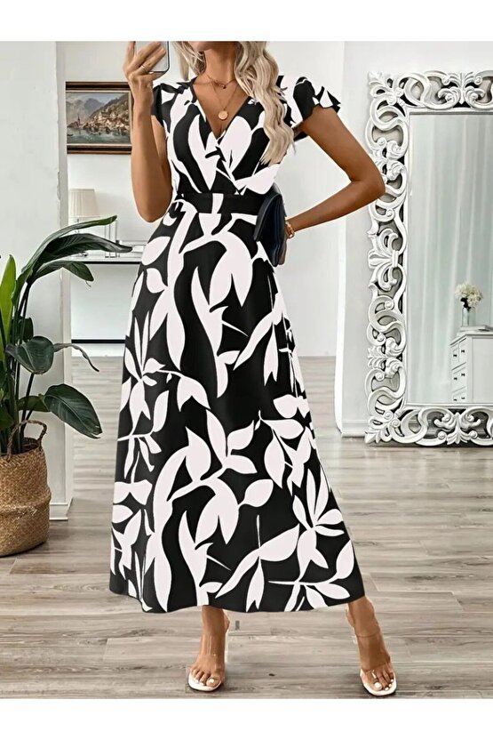 Gökyüzü Moda Kadın Kısa Kelebek Kollu Kruvaze Yaka Desenli Süprem Elbise