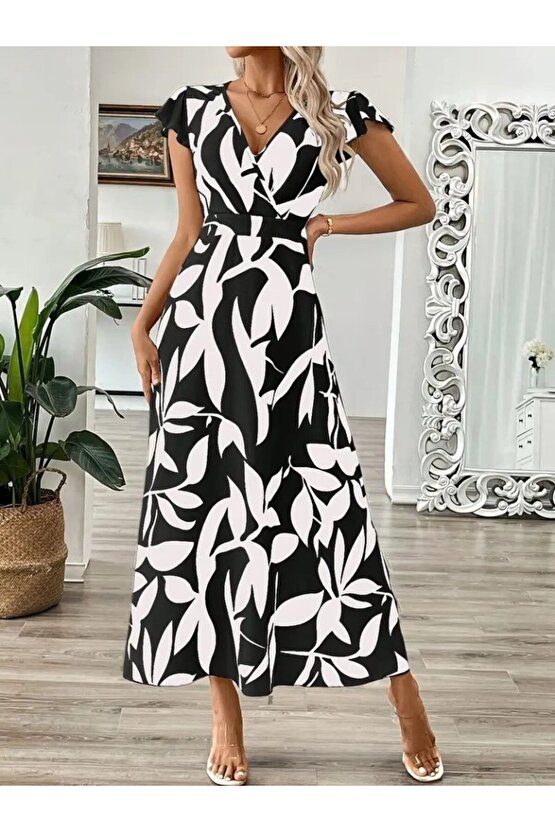 Gökyüzü Moda Kadın Kısa Kelebek Kollu Kruvaze Yaka Desenli Süprem Elbise