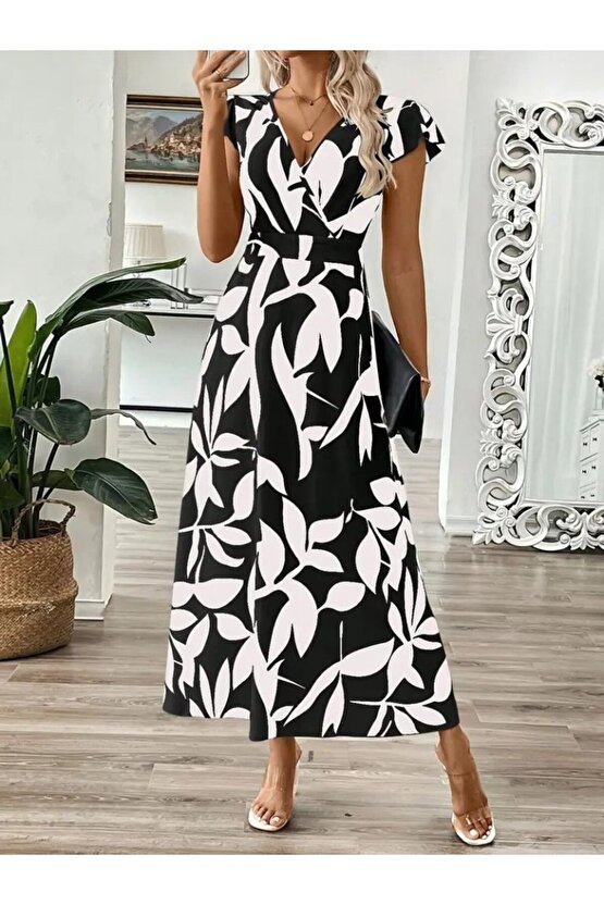 Gökyüzü Moda Kadın Kısa Kelebek Kollu Kruvaze Yaka Desenli Süprem Elbise