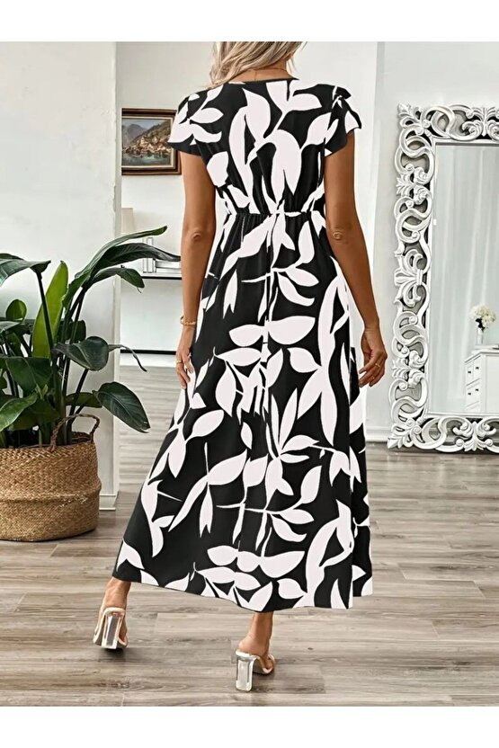 Gökyüzü Moda Kadın Kısa Kelebek Kollu Kruvaze Yaka Desenli Süprem Elbise