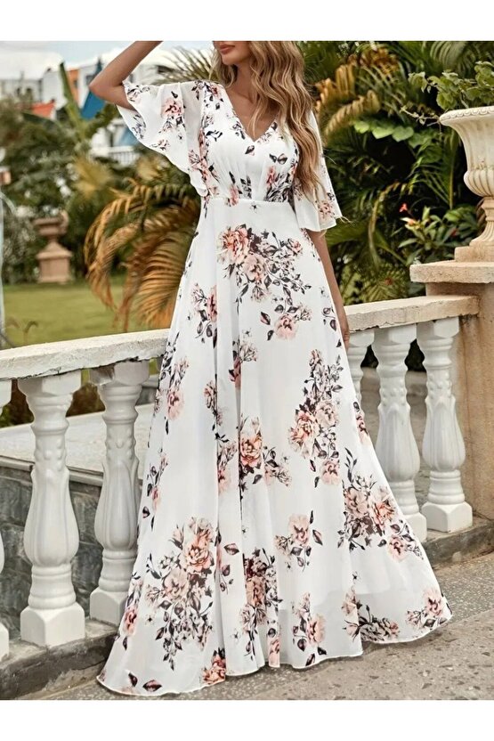 Gökyüzü Moda Kadın Kısa Kollu V Yakalı çiçek Desenli Süprem Elbise