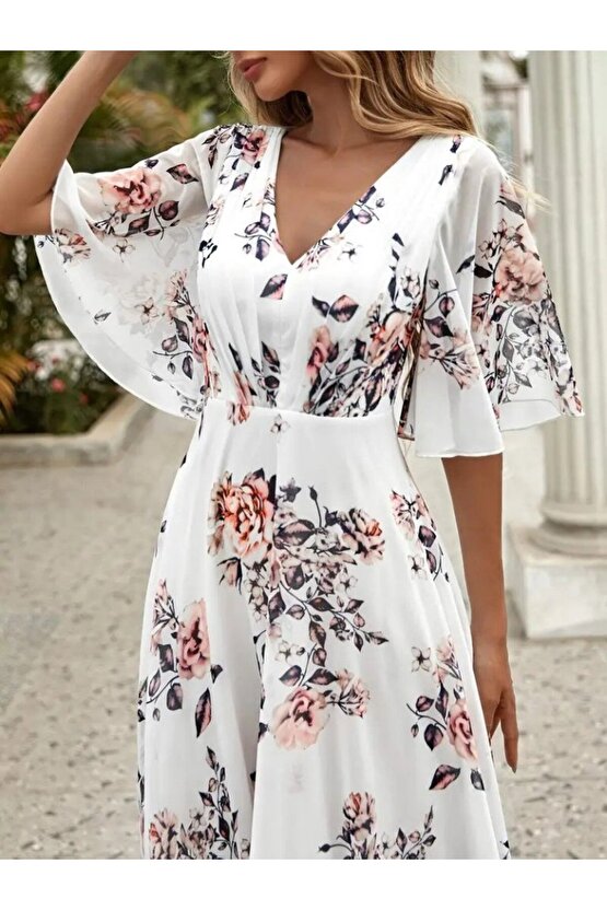 Gökyüzü Moda Kadın Kısa Kollu V Yakalı çiçek Desenli Süprem Elbise