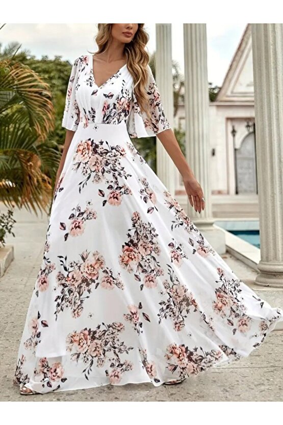 Gökyüzü Moda Kadın Kısa Kollu V Yakalı çiçek Desenli Süprem Elbise