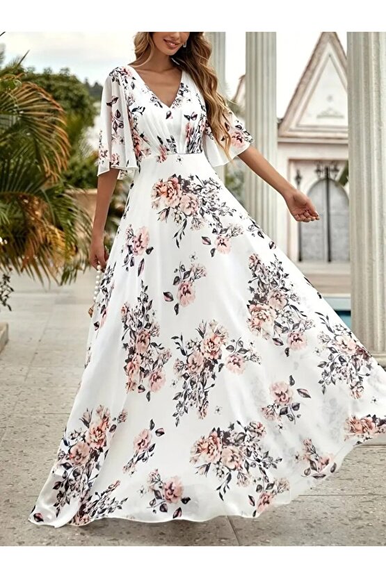 Gökyüzü Moda Kadın Kısa Kollu V Yakalı çiçek Desenli Süprem Elbise