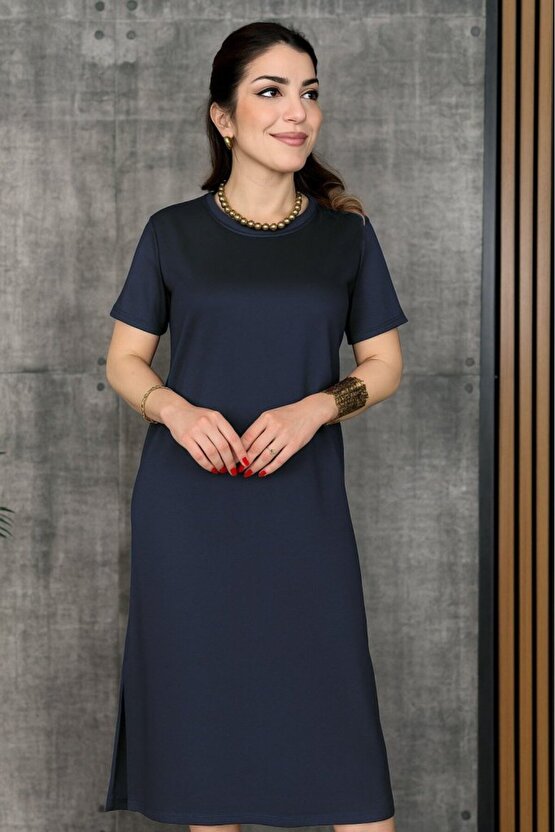 Gökyüzü Moda Kadın Kısa Kollu Bisiklet Yaka Yırtmaçlı Viskon Iki Iplik Elbise