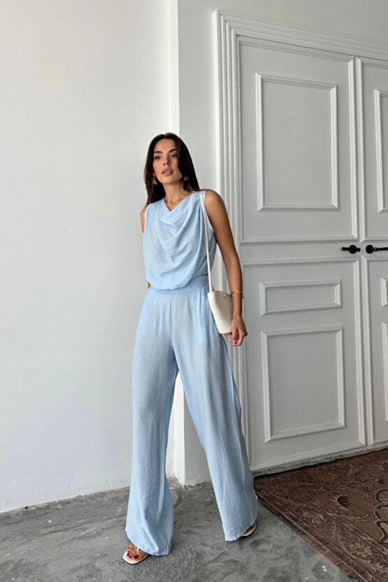 Gökyüzü Moda DEGAJE YAKA KOLSUZ BLUZ - PANTOLON TAKIM - Mavi