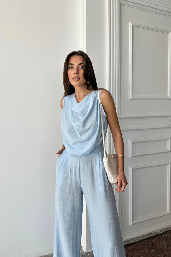 Gökyüzü Moda DEGAJE YAKA KOLSUZ BLUZ - PANTOLON TAKIM - Mavi