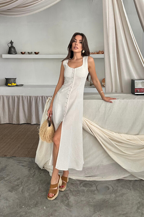 Gökyüzü Moda KETEN KOLSUZ KARE YAKA DÜĞME DETAYLI ELBİSE - Beyaz