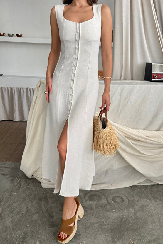 Gökyüzü Moda KETEN KOLSUZ KARE YAKA DÜĞME DETAYLI ELBİSE - Beyaz