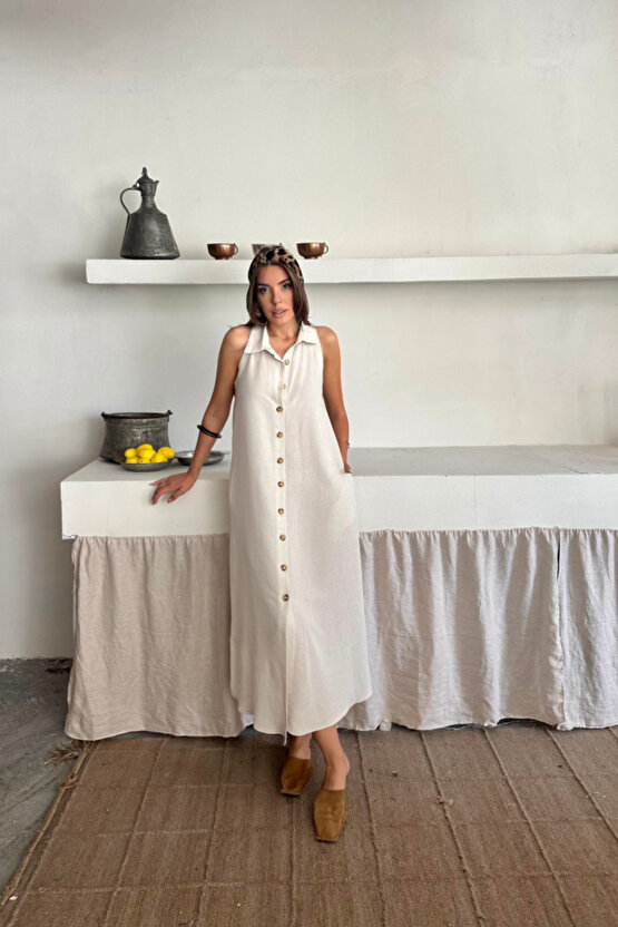 Gökyüzü Moda KETEN ÖNDEN DÜĞMELİ KOLSUZ GÖMLEK YAKA ELBİSE - Beyaz
