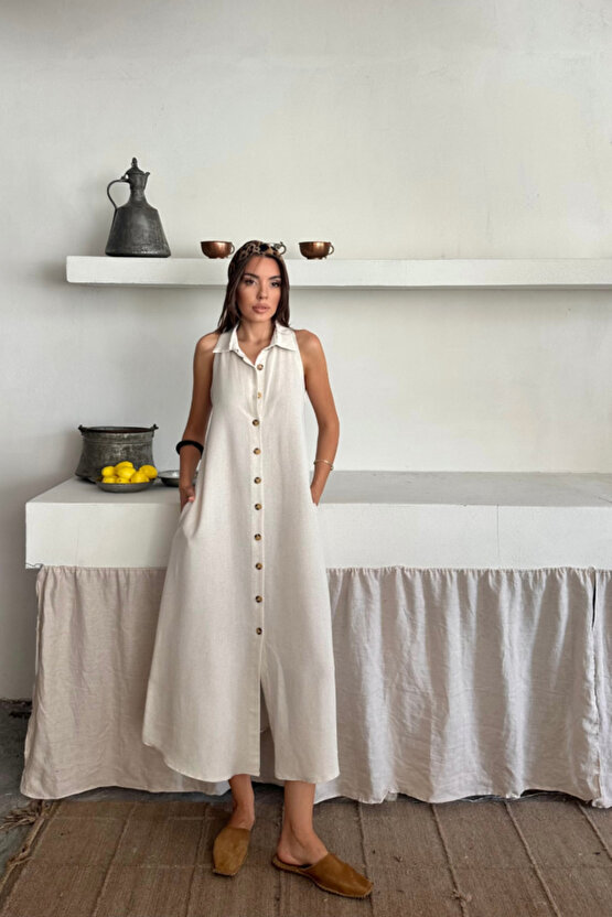 Gökyüzü Moda KETEN ÖNDEN DÜĞMELİ KOLSUZ GÖMLEK YAKA ELBİSE - Beyaz