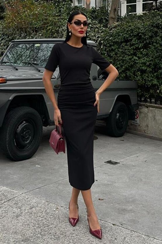 Beli Büzgülü Midi Elbise 2853