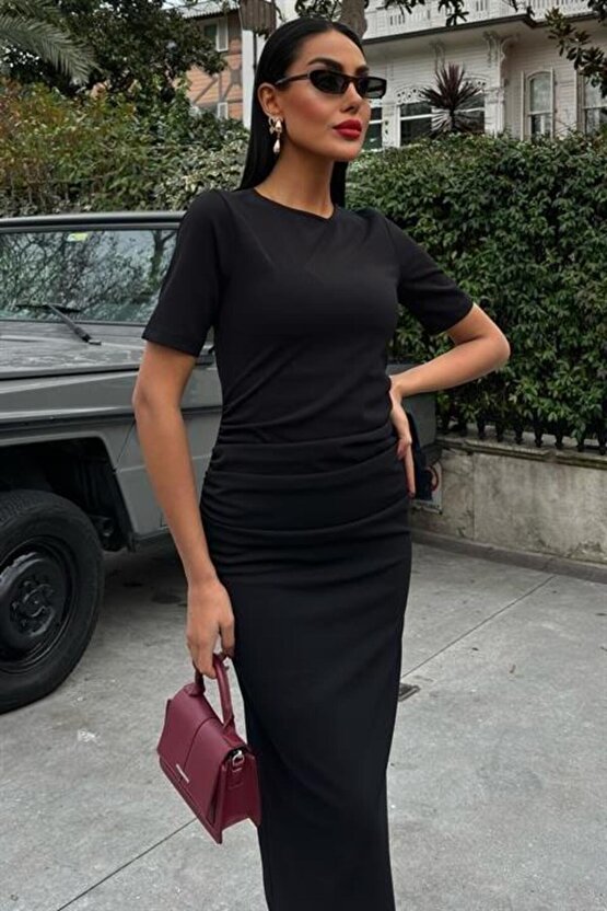 Beli Büzgülü Midi Elbise 2853