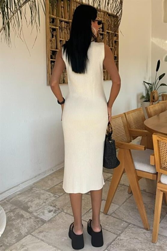 Gökyüzü Moda Önü Düğmeli Fitilli Kolsuz Elbise 2832