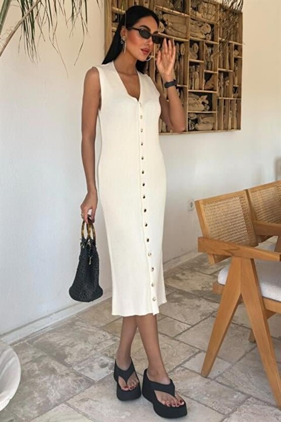 Gökyüzü Moda Önü Düğmeli Fitilli Kolsuz Elbise 2832