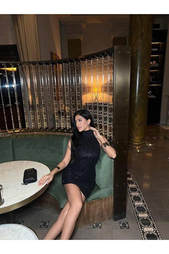 Kadın Pul Payet Kumaş Halter Yaka Mini Elbise