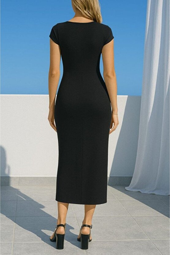 Gökyüzü Moda Kadın Sandy Kumaş Metal Toka Detaylı Midi Boy Elbise