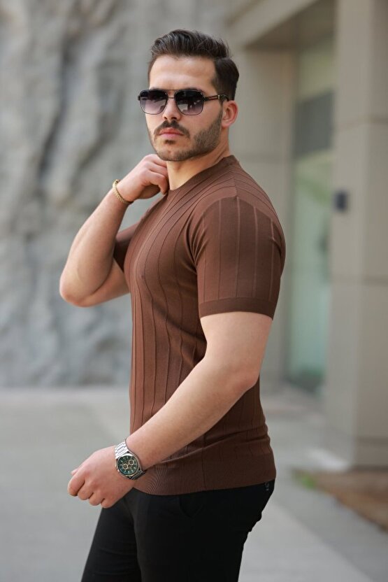 Gökyüzü Moda Erkek Kısa Kollu Bisiklet Yaka çizgili Triko Tişört