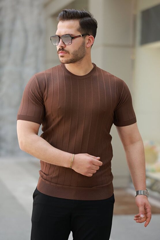 Gökyüzü Moda Erkek Kısa Kollu Bisiklet Yaka çizgili Triko Tişört