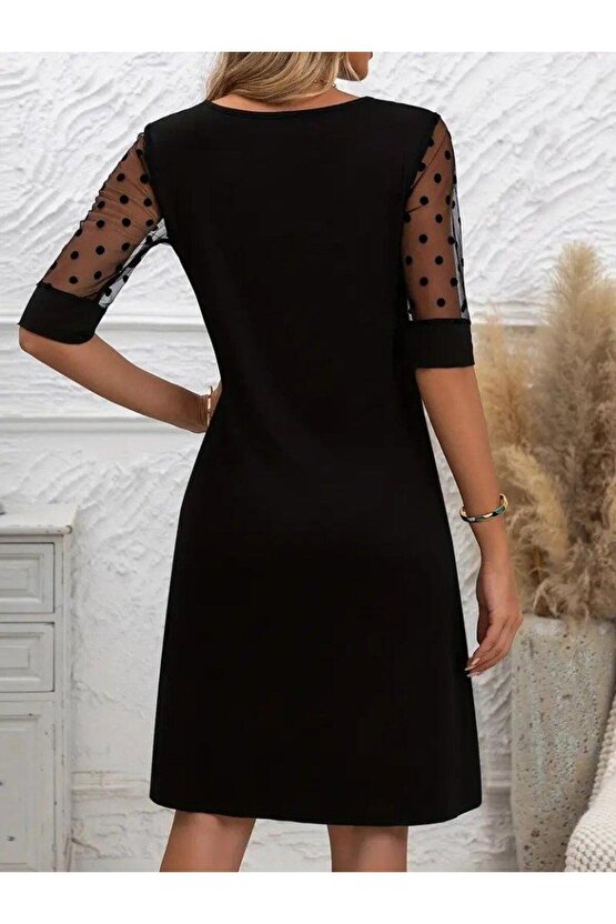 Kadın Puantiyeli Tül Kollu Bisiklet Yaka Janjan Krep Elbise