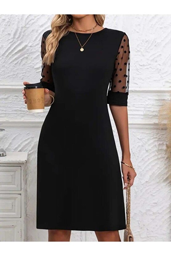 Kadın Puantiyeli Tül Kollu Bisiklet Yaka Janjan Krep Elbise