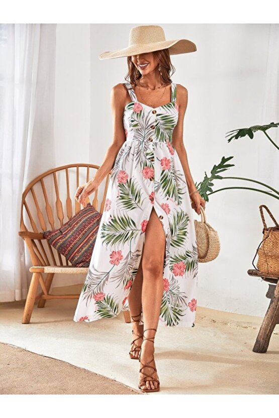 eyesof Kadın Askılı önden Düğmeli Yaprak Desenli Uzun Süprem Elbise