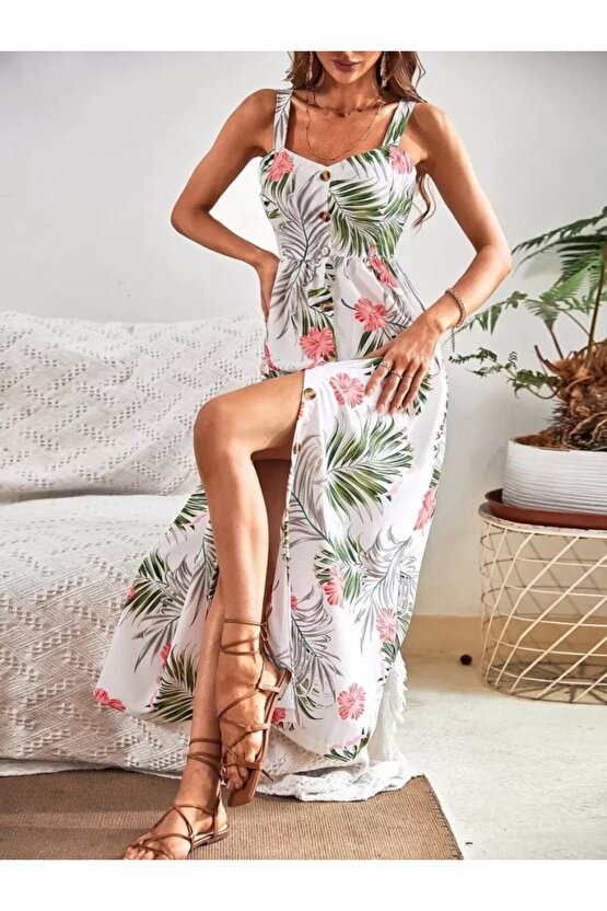 eyesof Kadın Askılı önden Düğmeli Yaprak Desenli Uzun Süprem Elbise