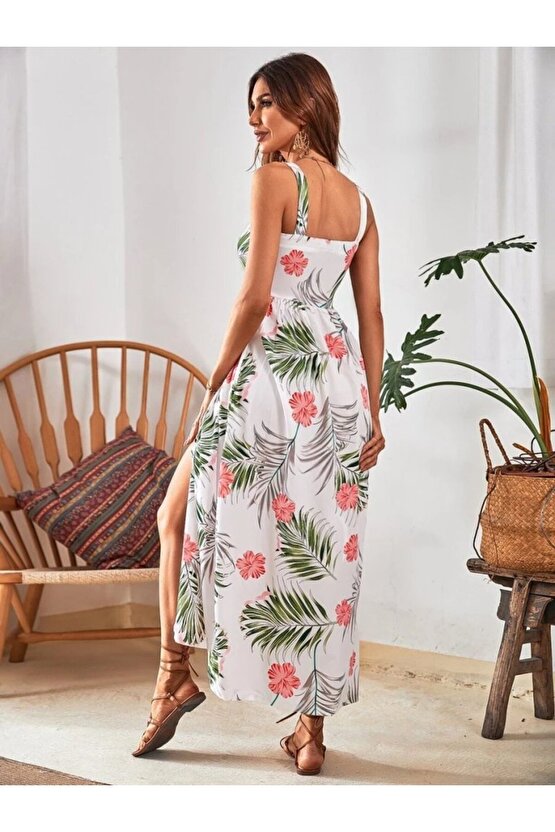 eyesof Kadın Askılı önden Düğmeli Yaprak Desenli Uzun Süprem Elbise