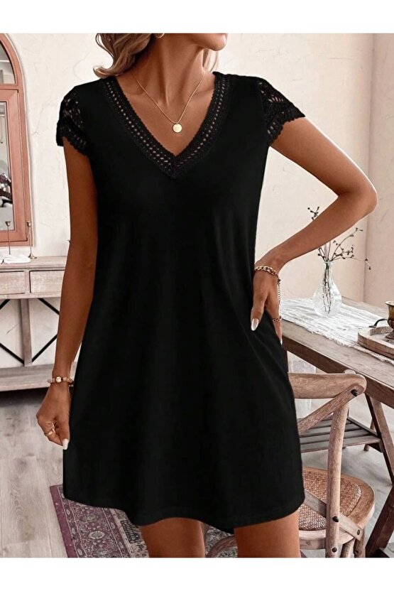 Kadın Kısa Kollu V Yakalı Viskon Elbise
