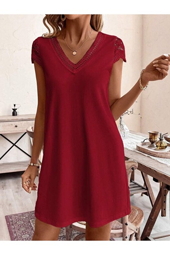 Gökyüzü Moda Kadın Kısa Kollu V Yakalı Viskon Elbise