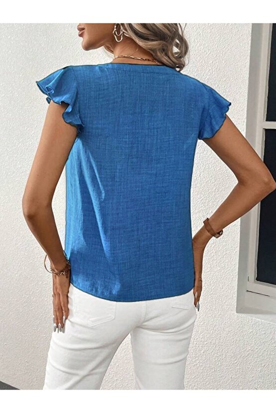 Gökyüzü Moda Kadın Kısa Kelebek Kollu V Yakalı Bluz