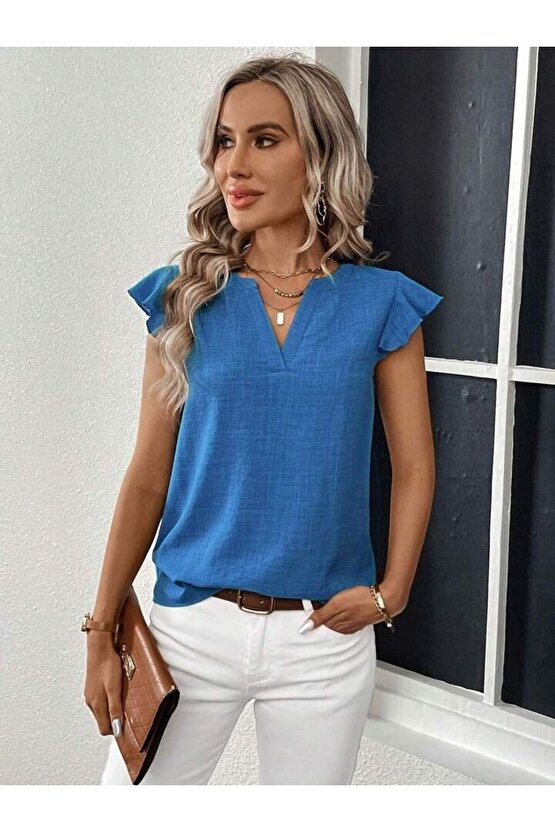 Gökyüzü Moda Kadın Kısa Kelebek Kollu V Yakalı Bluz