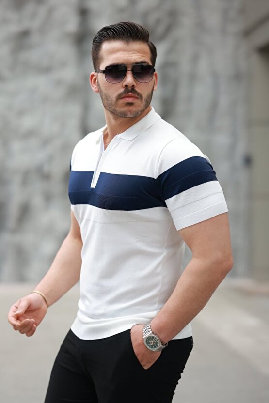 Gökyüzü Moda Erkek Fermuar Yakalı şerit Renk Desenli Kısa Kollu Tişört