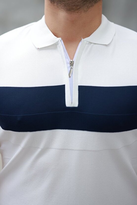 Gökyüzü Moda Erkek Fermuar Yakalı şerit Renk Desenli Kısa Kollu Tişört