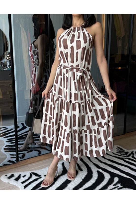 Gökyüzü Moda Kadın Viskon Kumaş Ip Askılı Halter Yaka Cepli Midi Boy Elbise