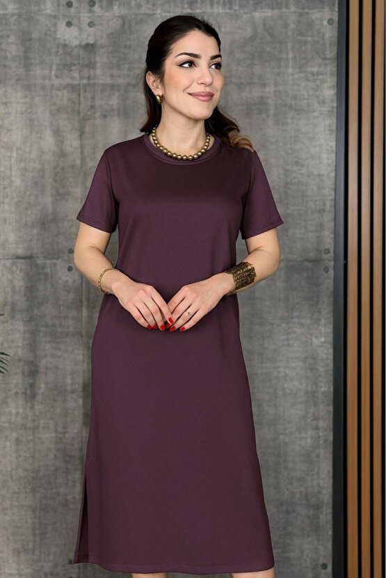 Gökyüzü Moda Kadın Kısa Kollu Bisiklet Yaka Yırtmaçlı Viskon Iki Iplik Elbise