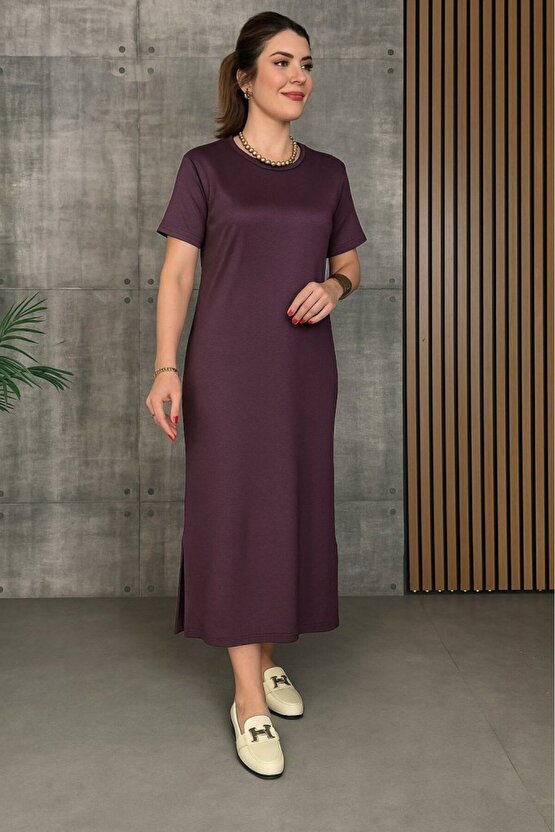 Gökyüzü Moda Kadın Kısa Kollu Bisiklet Yaka Yırtmaçlı Viskon Iki Iplik Elbise