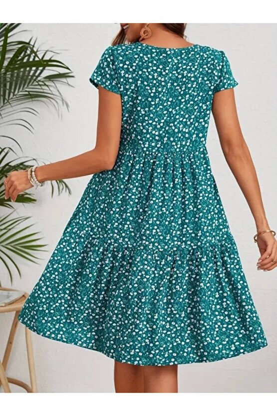 Kadın Kısa Kollu Bisiklet Yaka çiçek Desenli Süprem Elbise