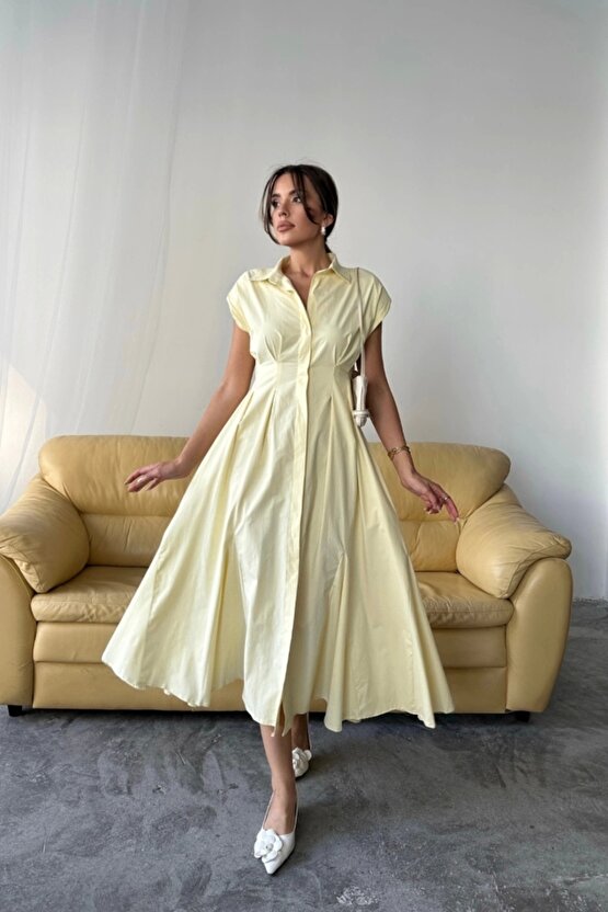 KOLSUZ VATKALI ÖNDEN DÜĞMELİ BEL PENS DETAYLI POPLİN ELBİSE - Sarı