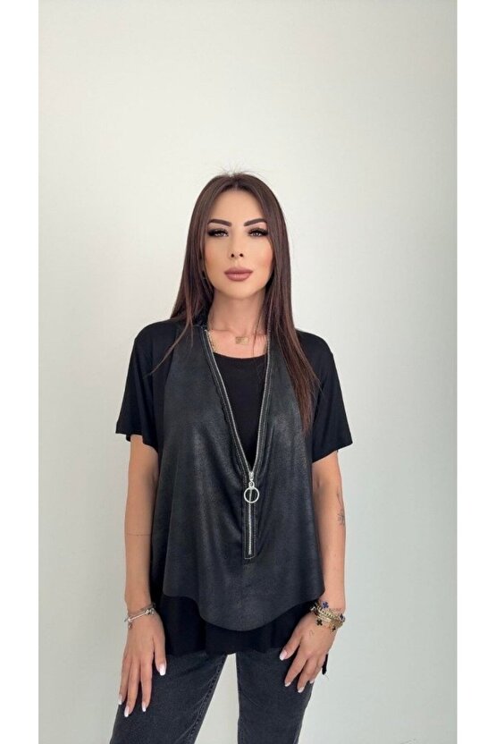 Gökyüzü Moda Kadın Kısa Kollu Yuvarlak Yaka Viskon Bluz + Kolsuz Fermuarlı çatlak Deri Yelek