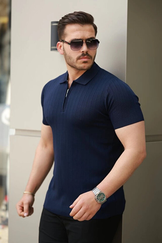 Erkek Fermuar Yakalı Kısa Kollu Tişört