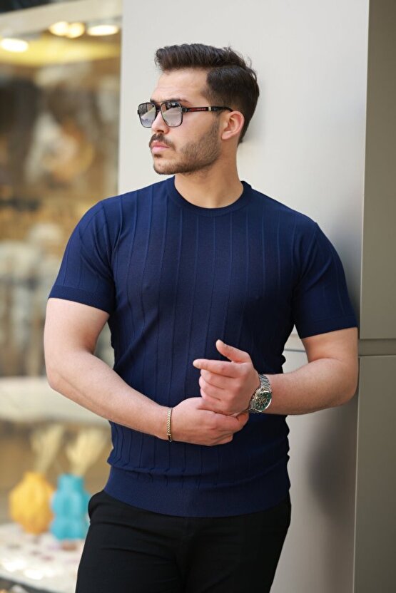 Gökyüzü Moda Erkek Kısa Kollu Bisiklet Yaka çizgili Triko Tişört