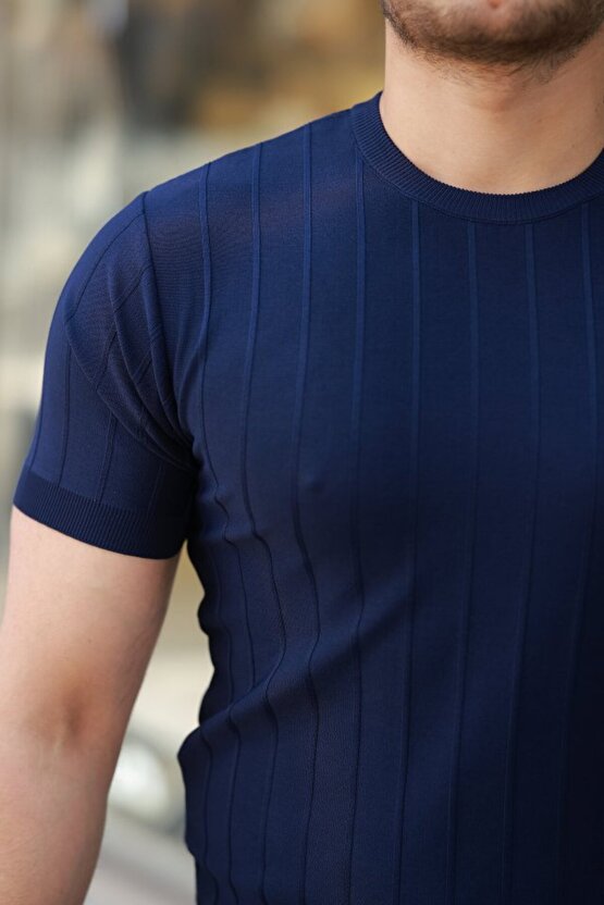 Gökyüzü Moda Erkek Kısa Kollu Bisiklet Yaka çizgili Triko Tişört