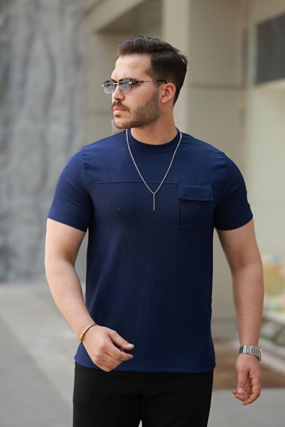 Gökyüzü Moda Erkek Cepli Kolyeli Kısa Kollu örme Kumaş Tişört